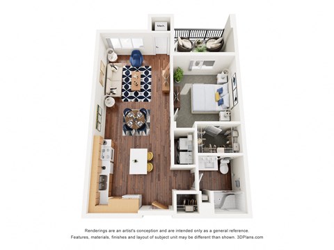 Floor plan for 1 bed, 1 bath, 704 sqft